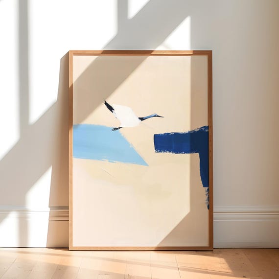 Zen Style Bird Crane Art Print Abstract Painting For Japandi Decor Hosting Wall Or Gallery Styling Instant Poster