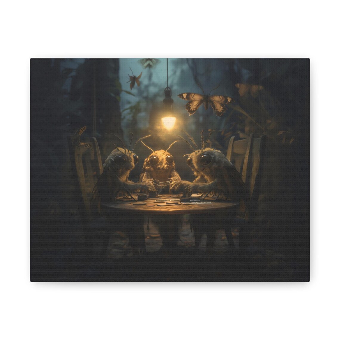 Three Moth Creatures Playing Cards Under a Hanging Lamp Dark Fantasy Poster - Image 2