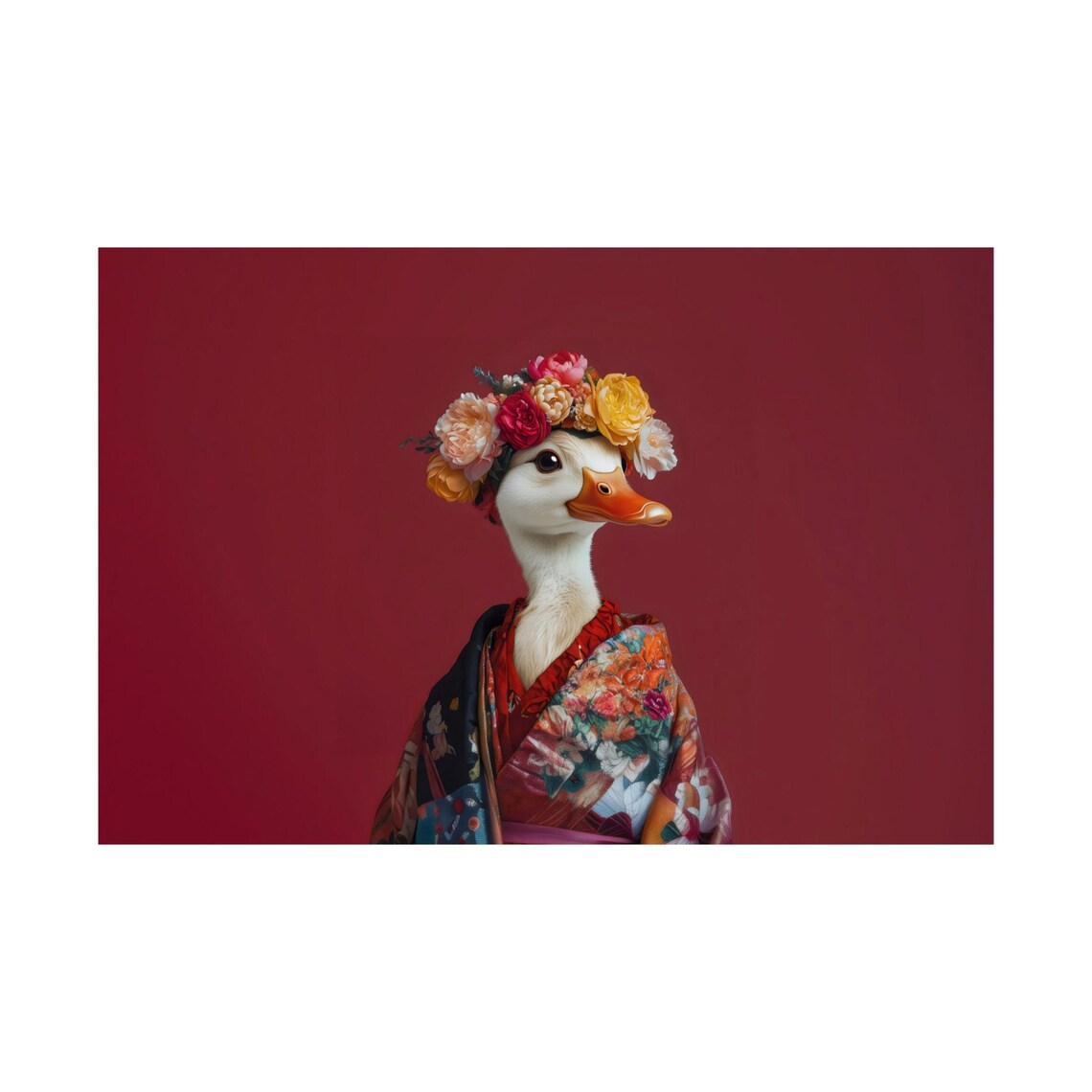 Posing Duck Floral Kimono Flower Crown Red Wildlife Wall Art - Image 2