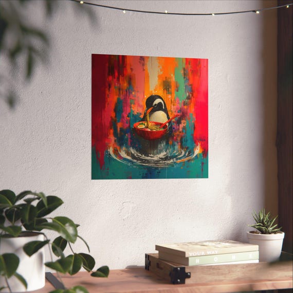 Maximalist Eclectic Ramen Penguin Poster Print Bold Altered Animal Portrait Fantasy Fun Colorful Renaissance Rustic Art