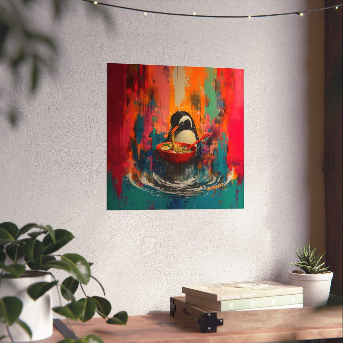 Penguin Eating Noodles Vibrant Drip Paint Expressionist Wall Print
