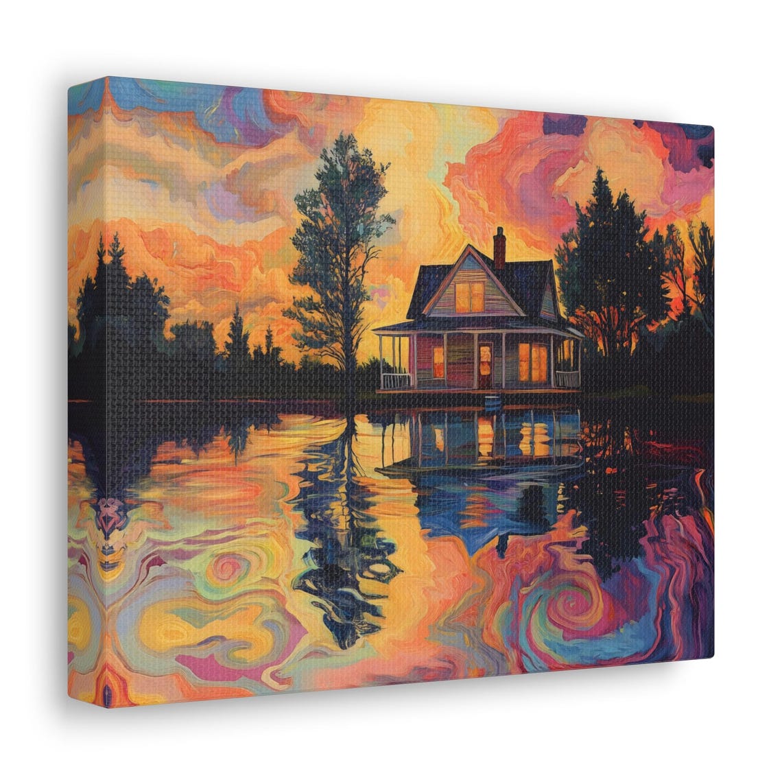 Sunset Lakehouse With Psychedelic Swirling Lake Reflection Art Print - Image 2