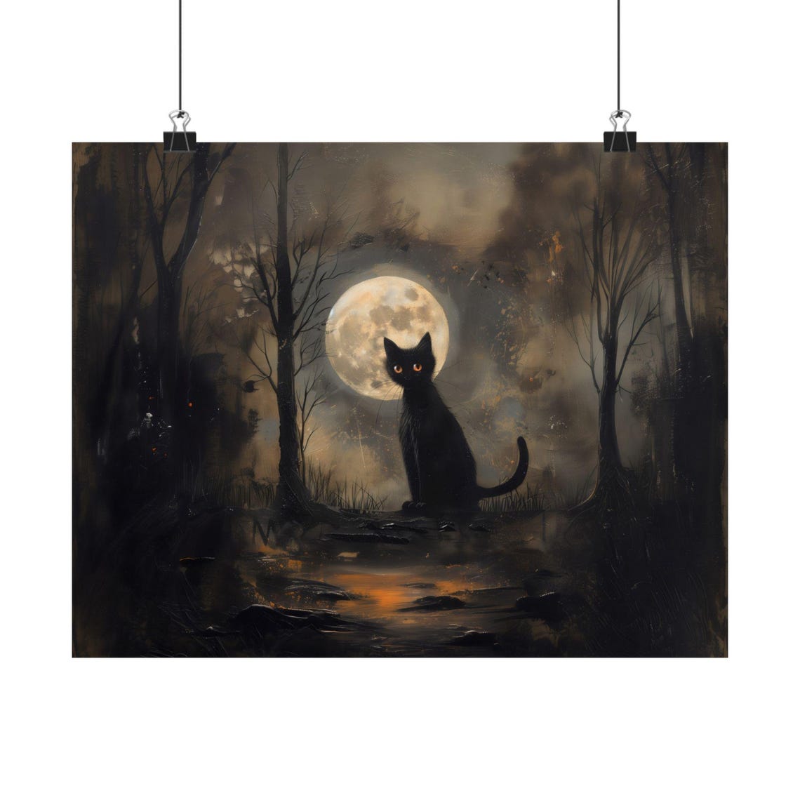 Black Cat Full Moon Dark Forest Silhouette Halloween Night Art Poster