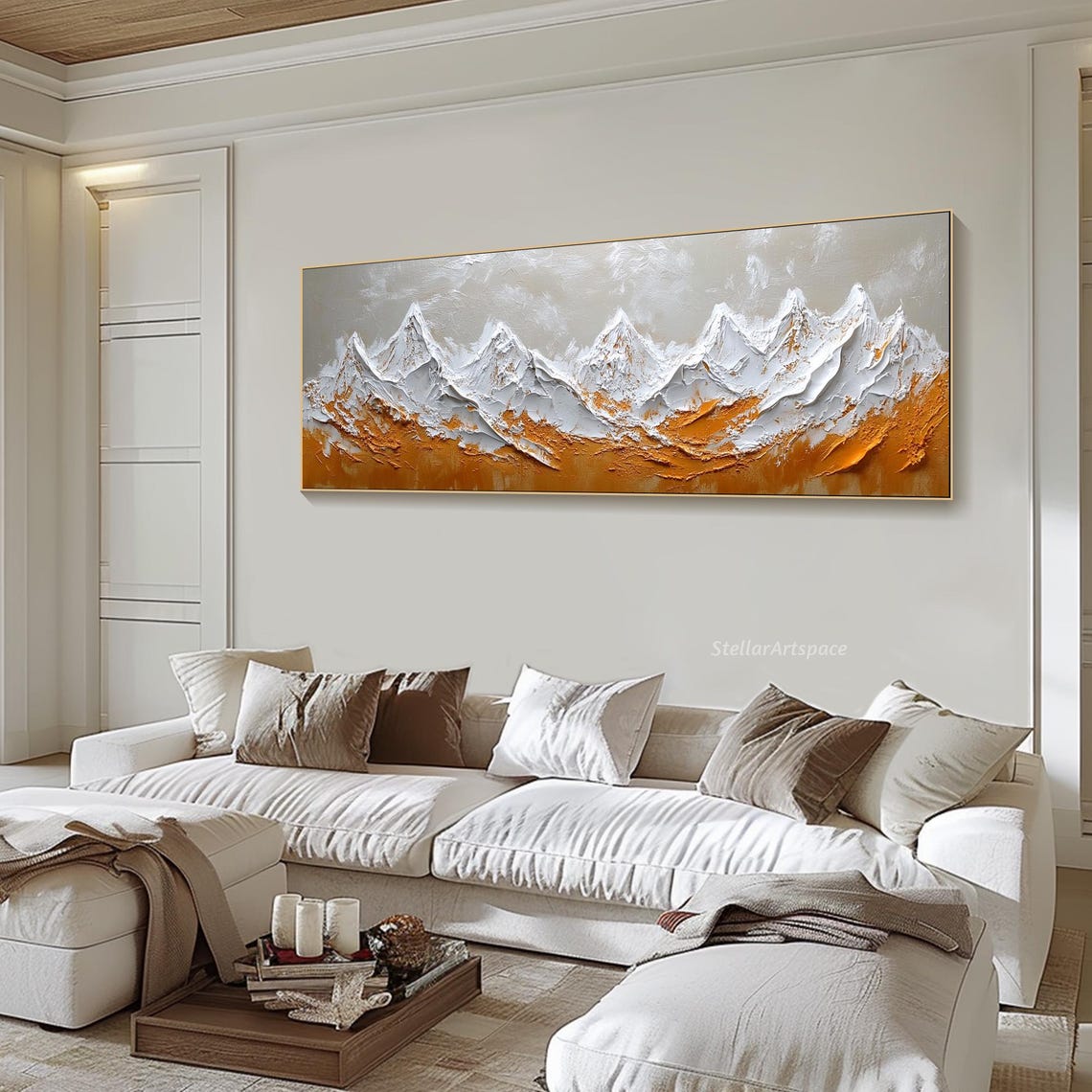 3d Mountain Texture Wall Art Original Painting On Abstract Mountain Range Painting Rustic White And Ochre Artwork Living Room Decor - Image 6