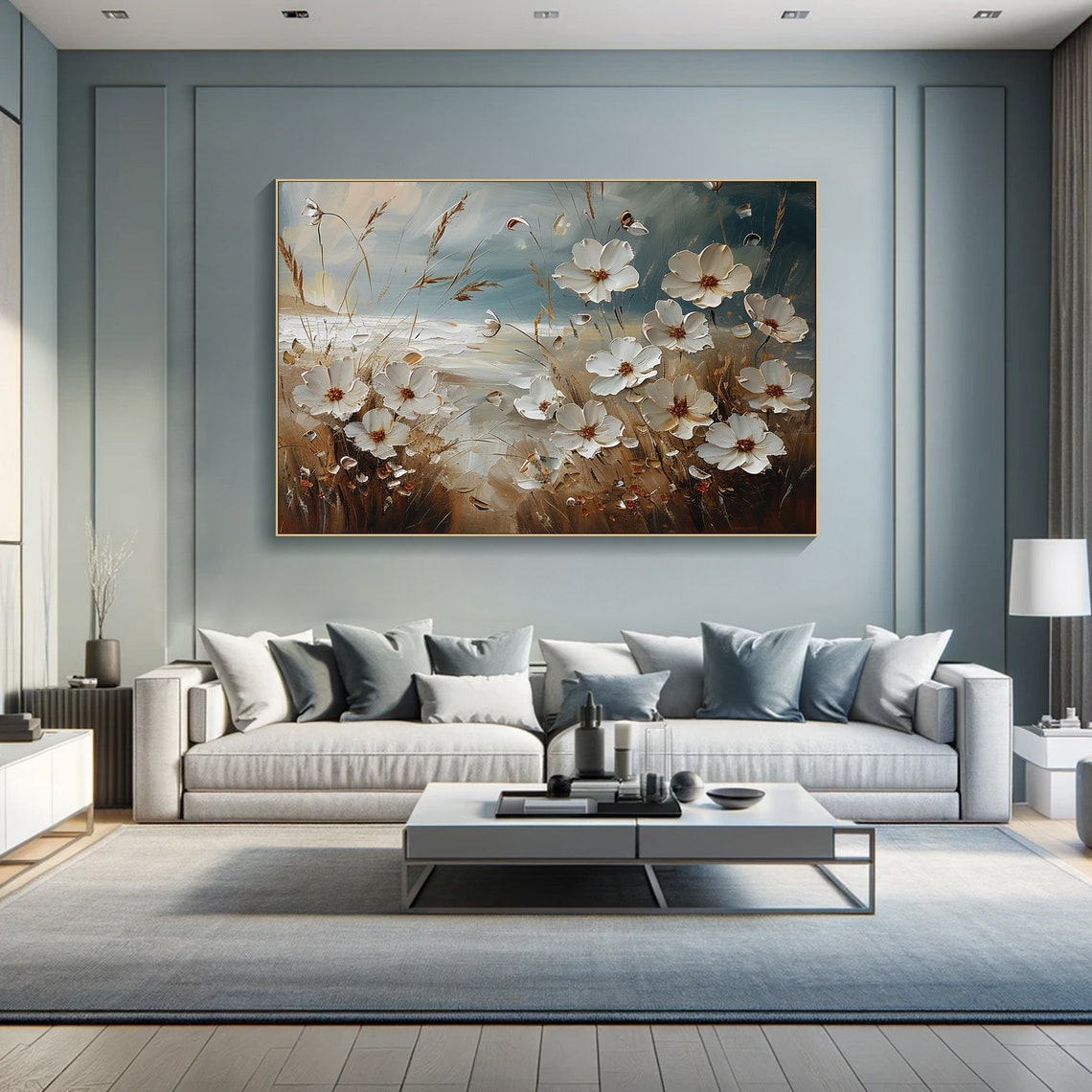 White Wildflowers Golden Field Windswept Grass Elegant Floral Poster - Image 2