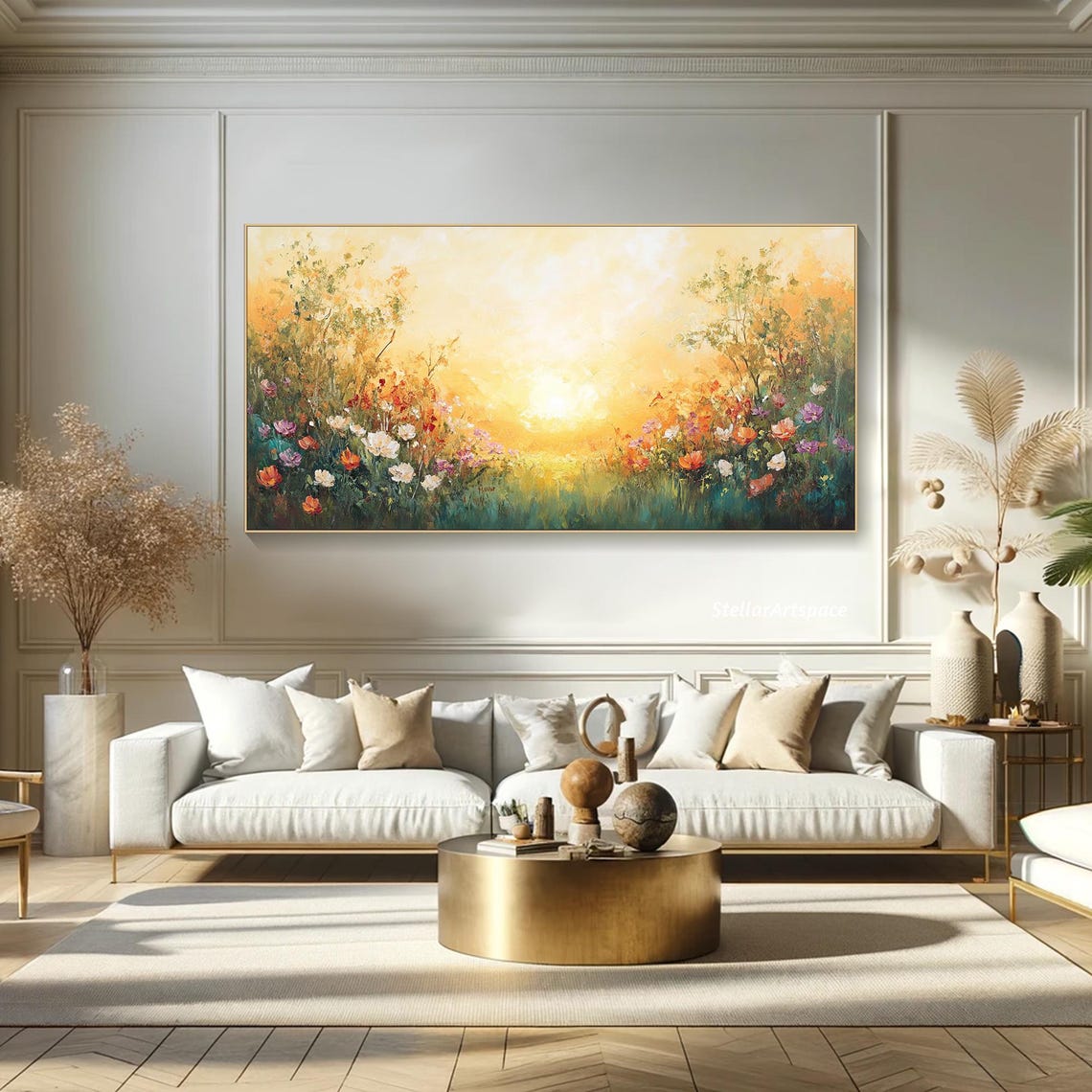 Sunlit Wildflower Meadow Path Golden Sunrise Impressionist Poster - Image 3