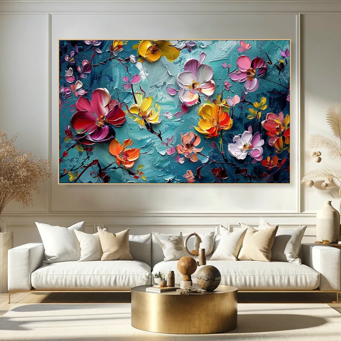 Vibrant Blossom Bouquet Pink Yellow Turquoise Impasto Floral Poster - Image 4