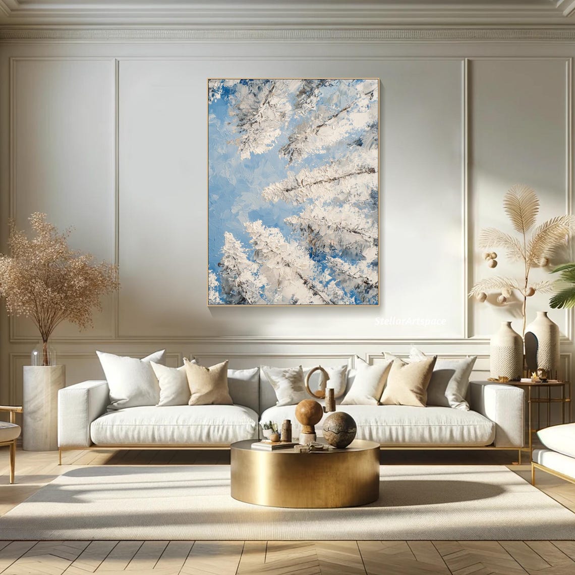 Snowy White Pine Branches Blue Sky Diptych Textured Winter Poster - Image 5
