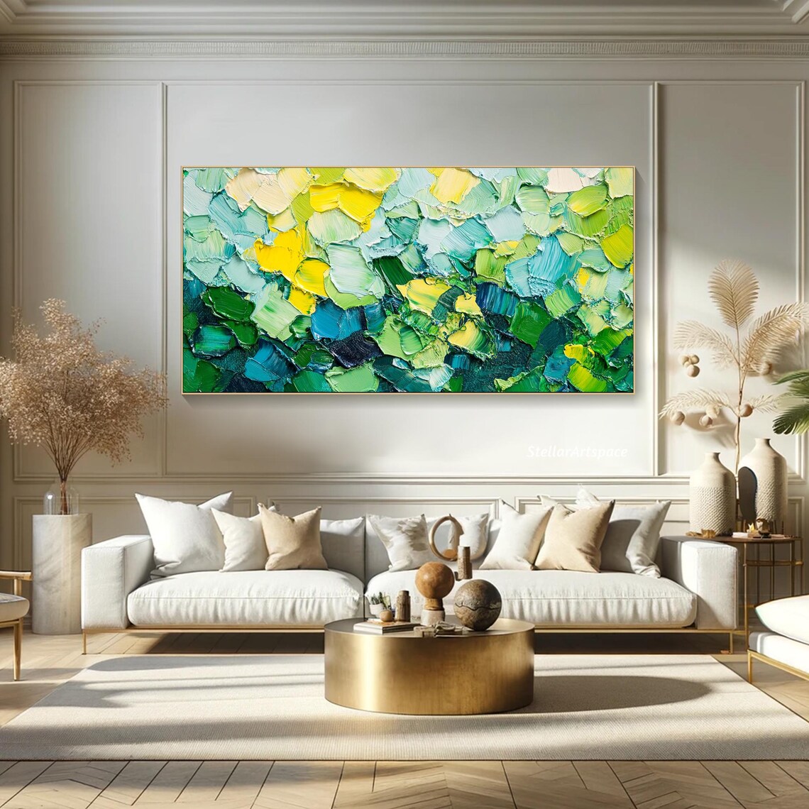 Green Yellow Blue Abstract Textured Impasto Palette Knife Wall Art - Image 3