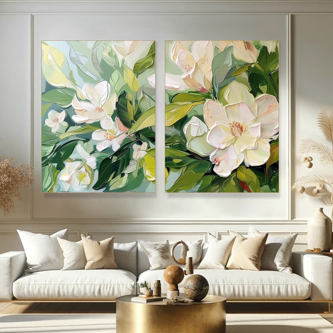 White Flower Blossoms Green Leaves Diptych Textured Floral Poster - Image 4