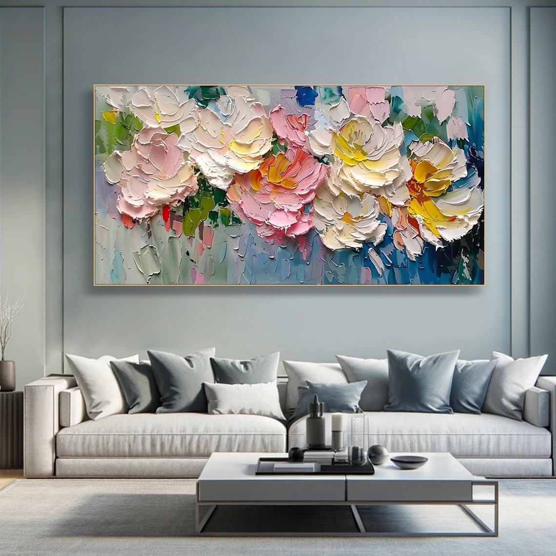 Pastel Peony Blossoms Pink White Yellow Soft Impasto Floral Poster - Image 5