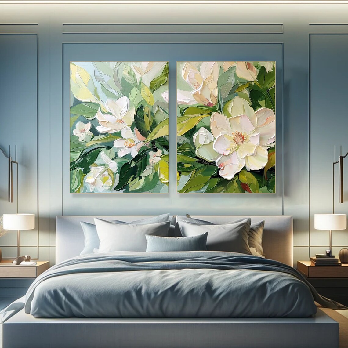 White Flower Blossoms Green Leaves Diptych Textured Floral Poster - Image 6