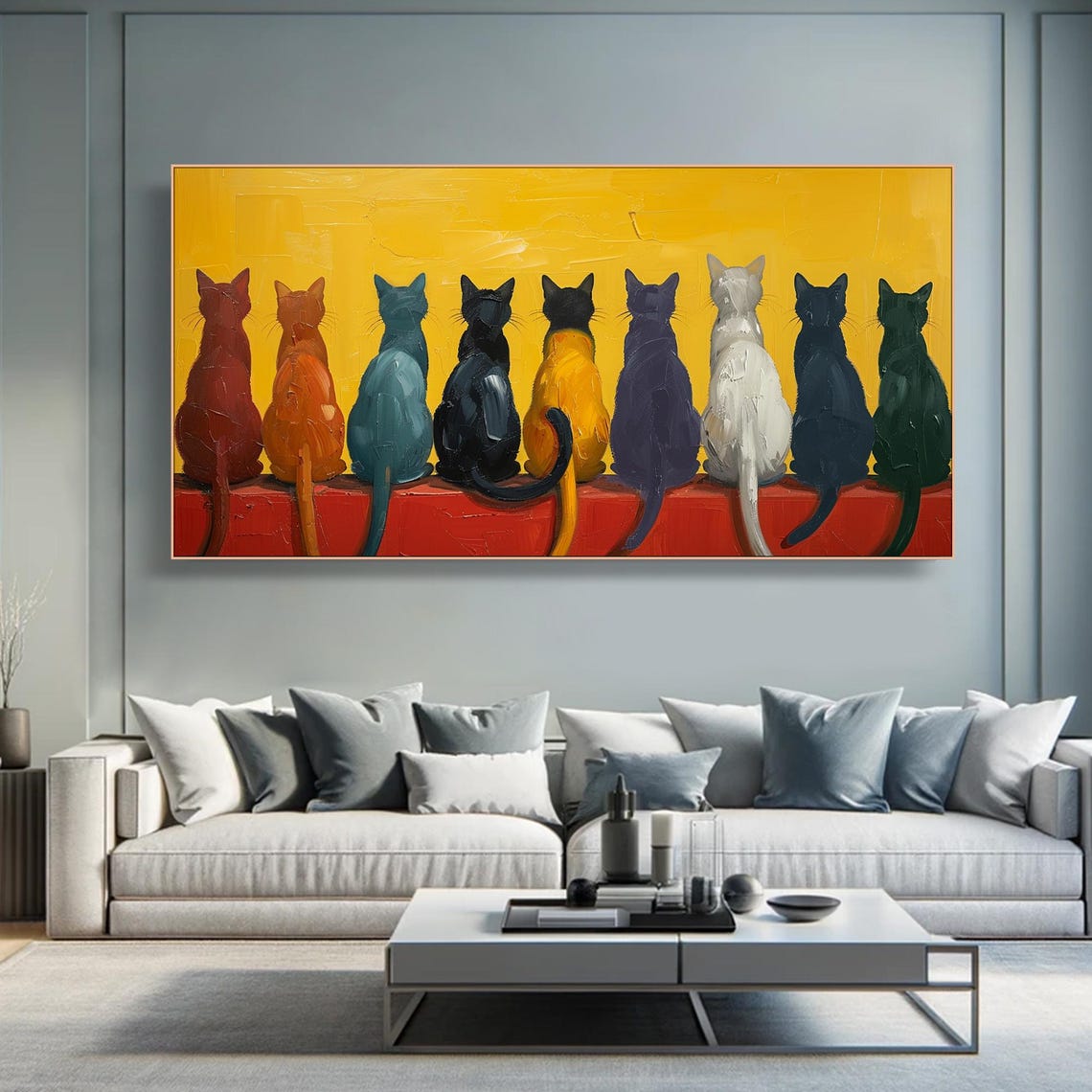 Nine Cats Sitting Row Bold Yellow Whimsical Colorful Cat Oil Poster - Image 3