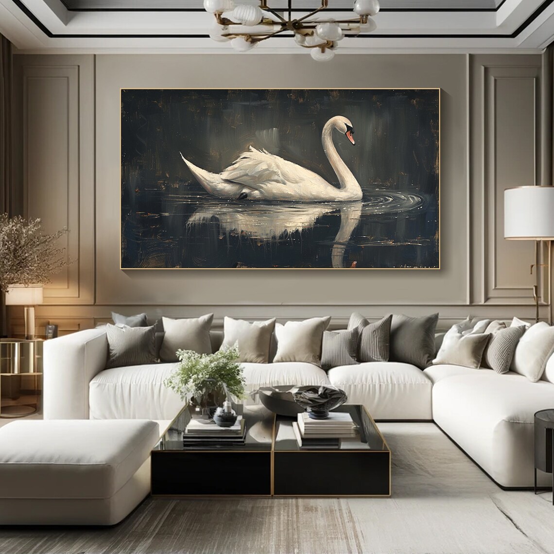 White Swan Dark Lake Reflection Elegant Oil Painting Bird Poster - Image 4