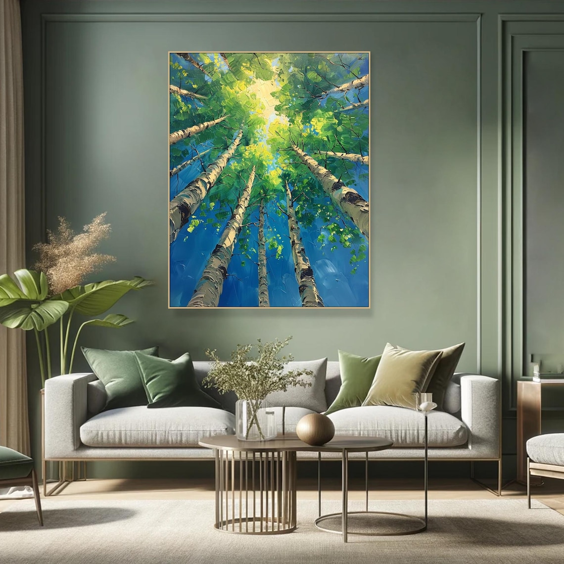 Green Forest Oil Painting, Birch Tree Wall Art - Image 4