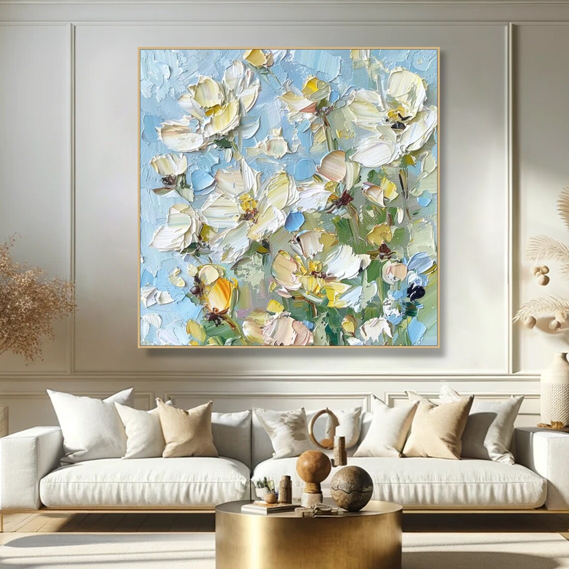 White Blossom Pastel Blue Floral Impasto Oil Painting Soft Poster - Image 3