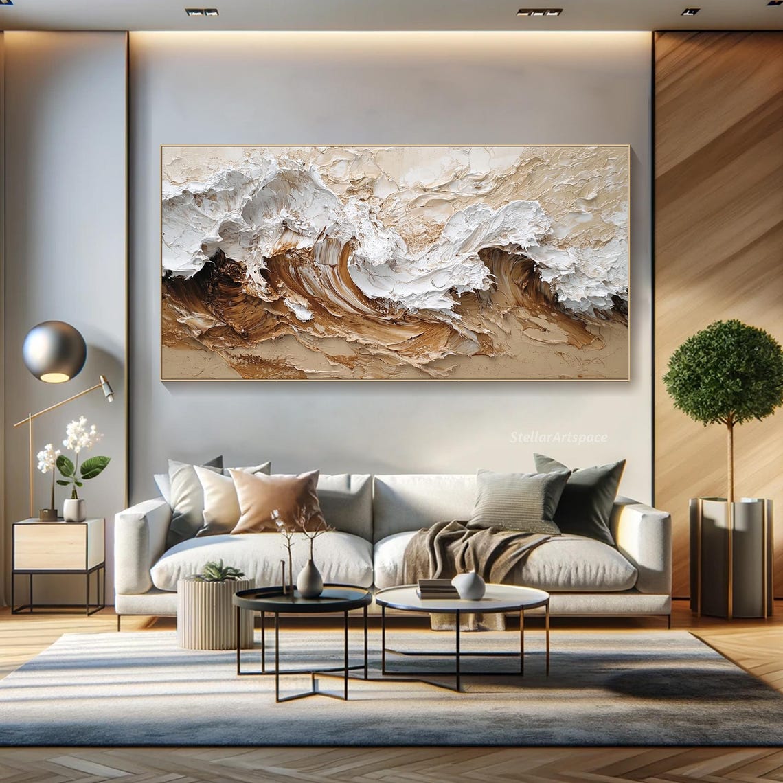 Neutral Ocean Wave Beige White Abstract Surf Impasto Modern Poster - Image 2