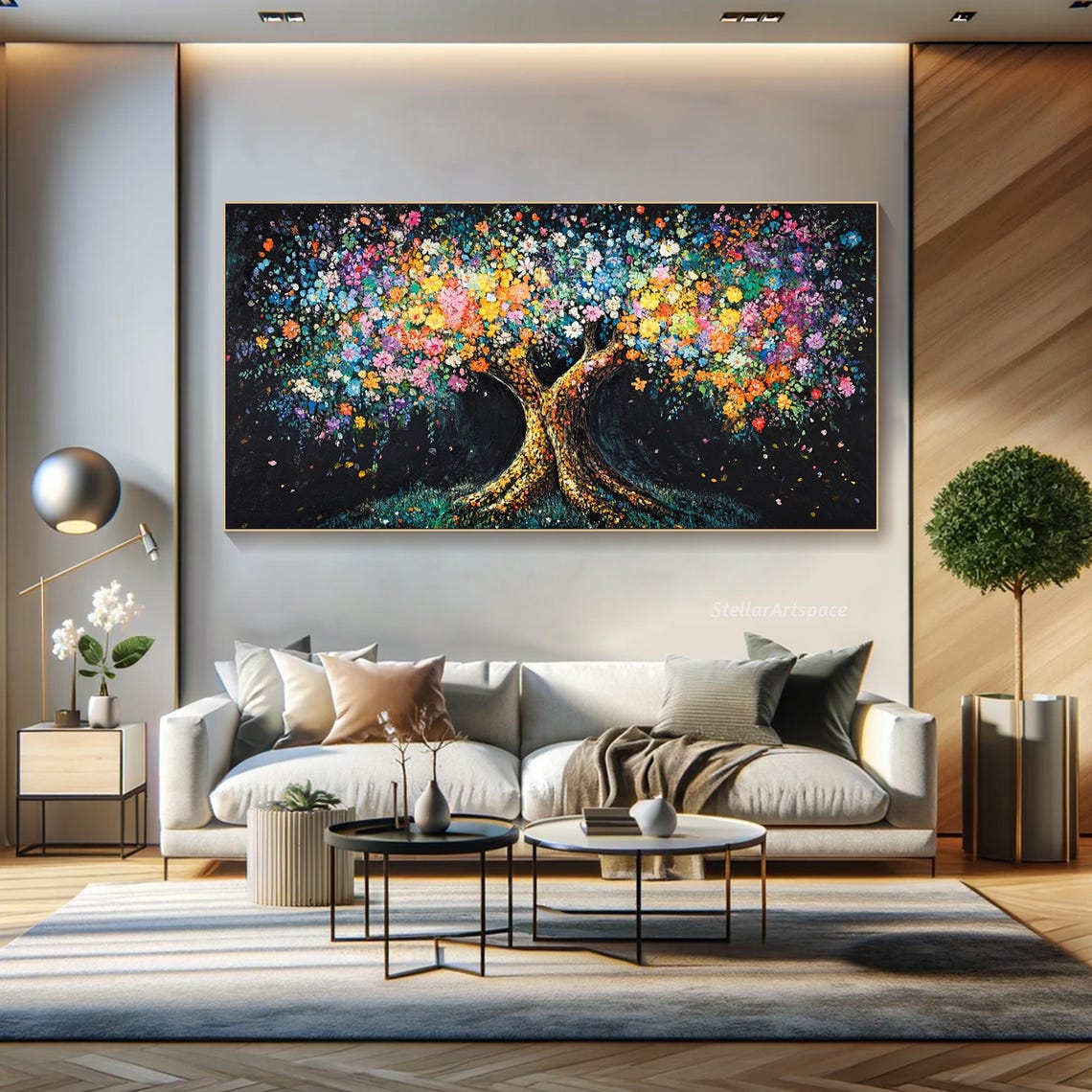 Midnight Blossom Tree Colorful Flowers Black Background Art Poster - Image 4