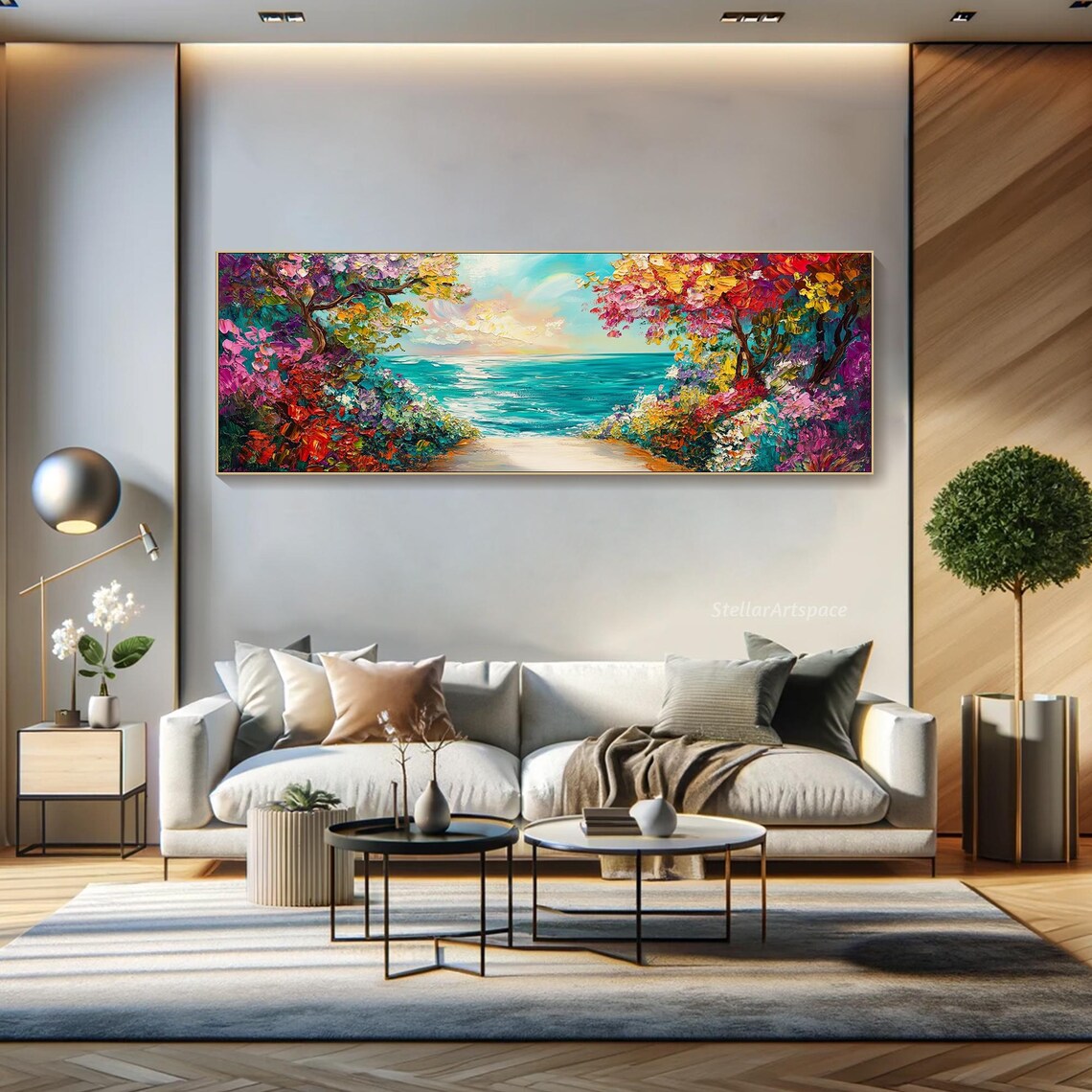 Tropical Beach Cove Colorful Flowering Trees Impasto Seascape Poster - Image 4