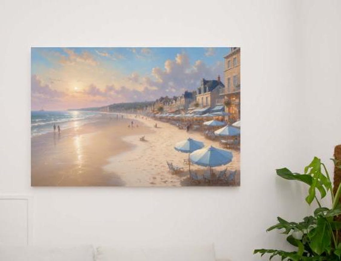 Blue Umbrellas Beach Promenade Sunset Seaside Coastal Art Poster