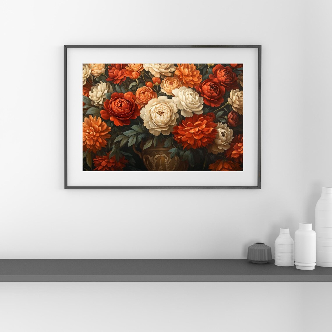 Orange and Cream Peony Bouquet Floral Still Life Painting Poster - Image 2