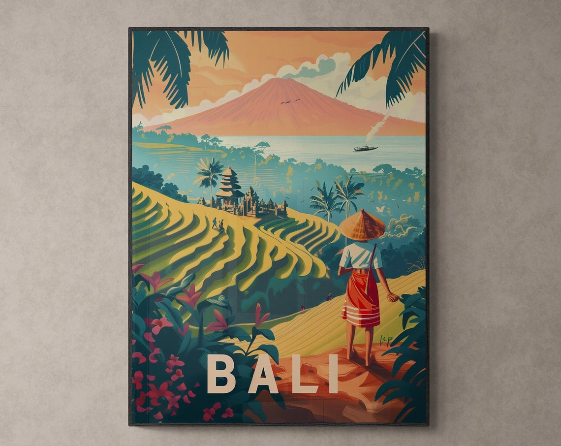 Bali Rice Terraces Volcano Local Farmer Retro Indonesia Travel Poster - Image 4
