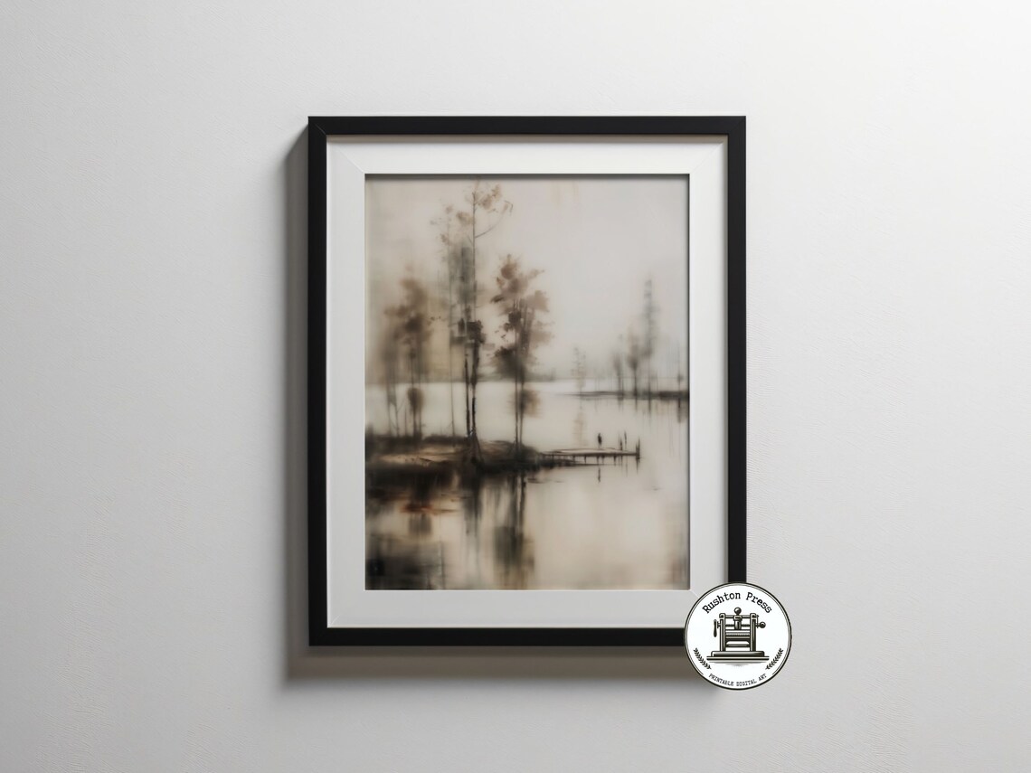 Misty Lakeside Pier in Fog Art Print Sepia Monochrome Serene Lake Painting