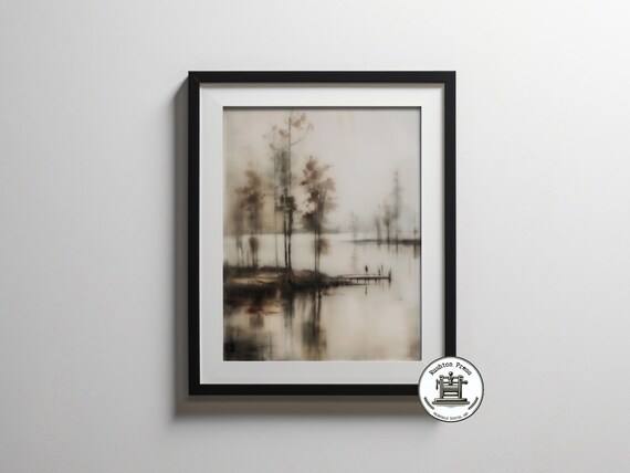 Misty Lakeside Pier in Fog Art Print Sepia Monochrome Serene Lake Painting