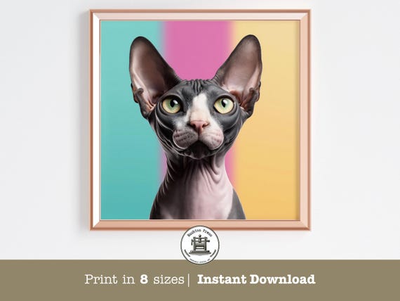 Sphynx Cat Pop Art Portrait Colorful Hairless Cat Print Decor