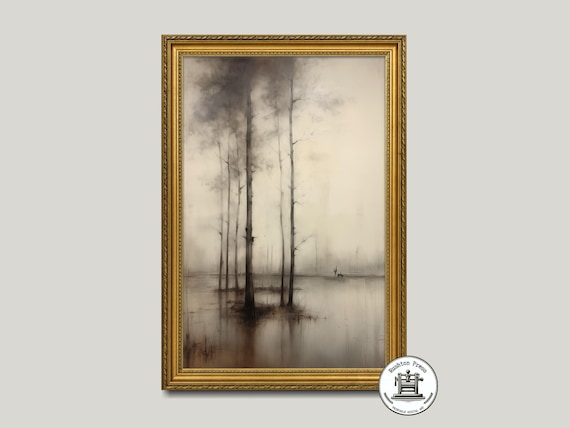 Vintage Lakeside Forest Landscape Art Print