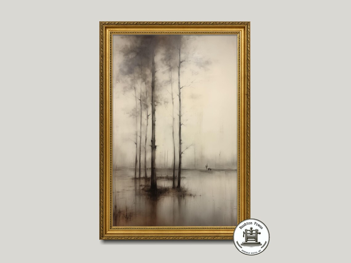 Vintage Lakeside Forest Landscape Art Print