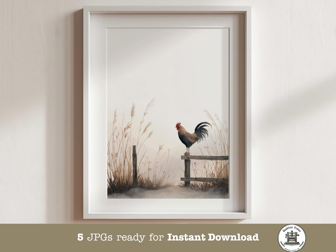 Misty Morning Rooster On Country Fence Quiet Farm Scene Poster