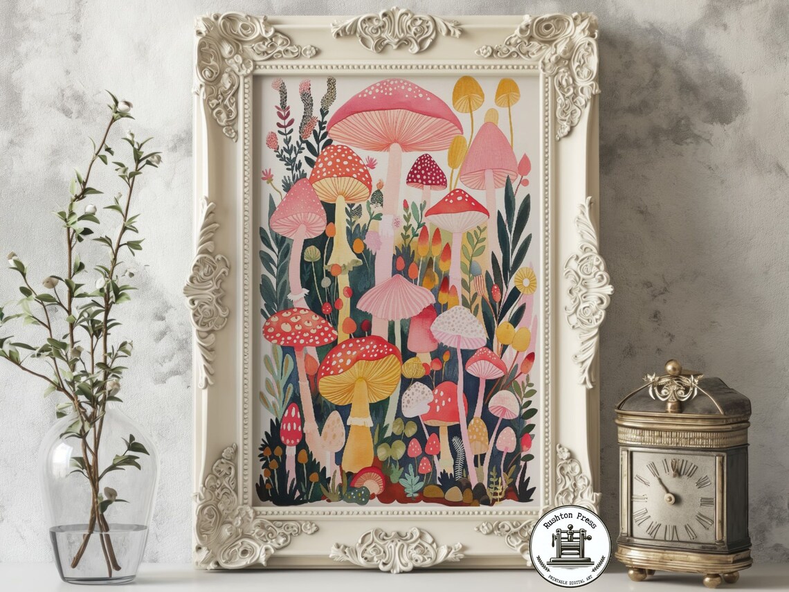Pink Mushroom Fantasia Print Whimsical Floral Botanical Art