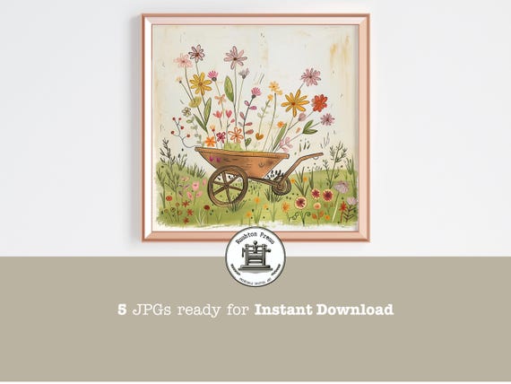 Cottage Garden Wheelbarrow Watercolor Painting Square Art