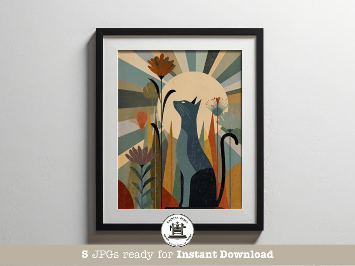 Bright Midcentury Modern Teal Cat in Sunlit Flower Garden Wall Art