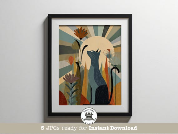 Bright Midcentury Modern Teal Cat in Sunlit Flower Garden Wall Art
