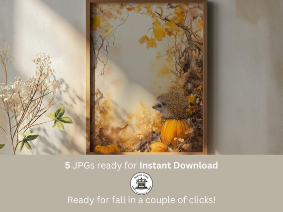 Hedgehog Pumpkin Patch Print Misty Fall Watercolor
