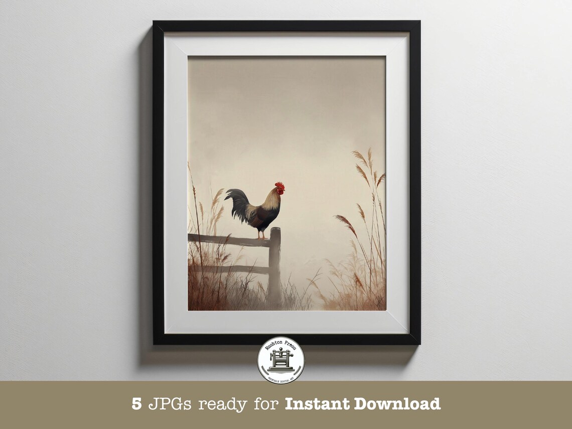 Rooster On Fence Misty Morning Farmhouse Chicken Scene Poster