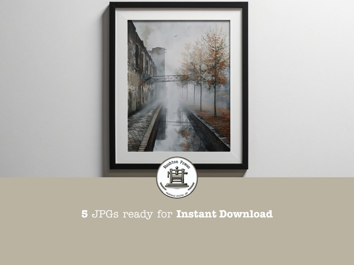 Misty Canal Beside Old Mill Buildings Foggy Industrial Landscape Poster