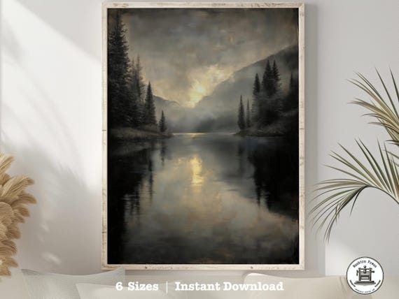 Misty Mountain Lake Print Encaustic Style Forest Landscape