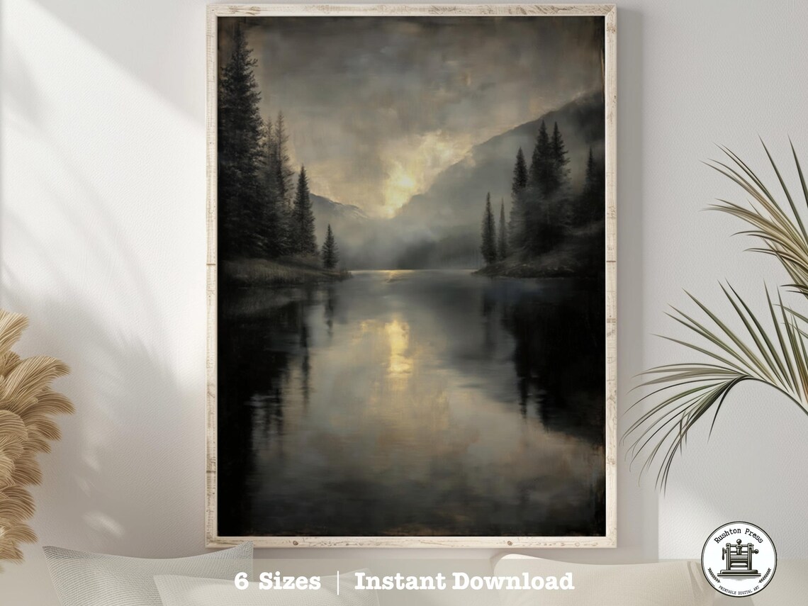 Misty Mountain Lake Golden Light Reflection Dark Pine Forest Art Poster