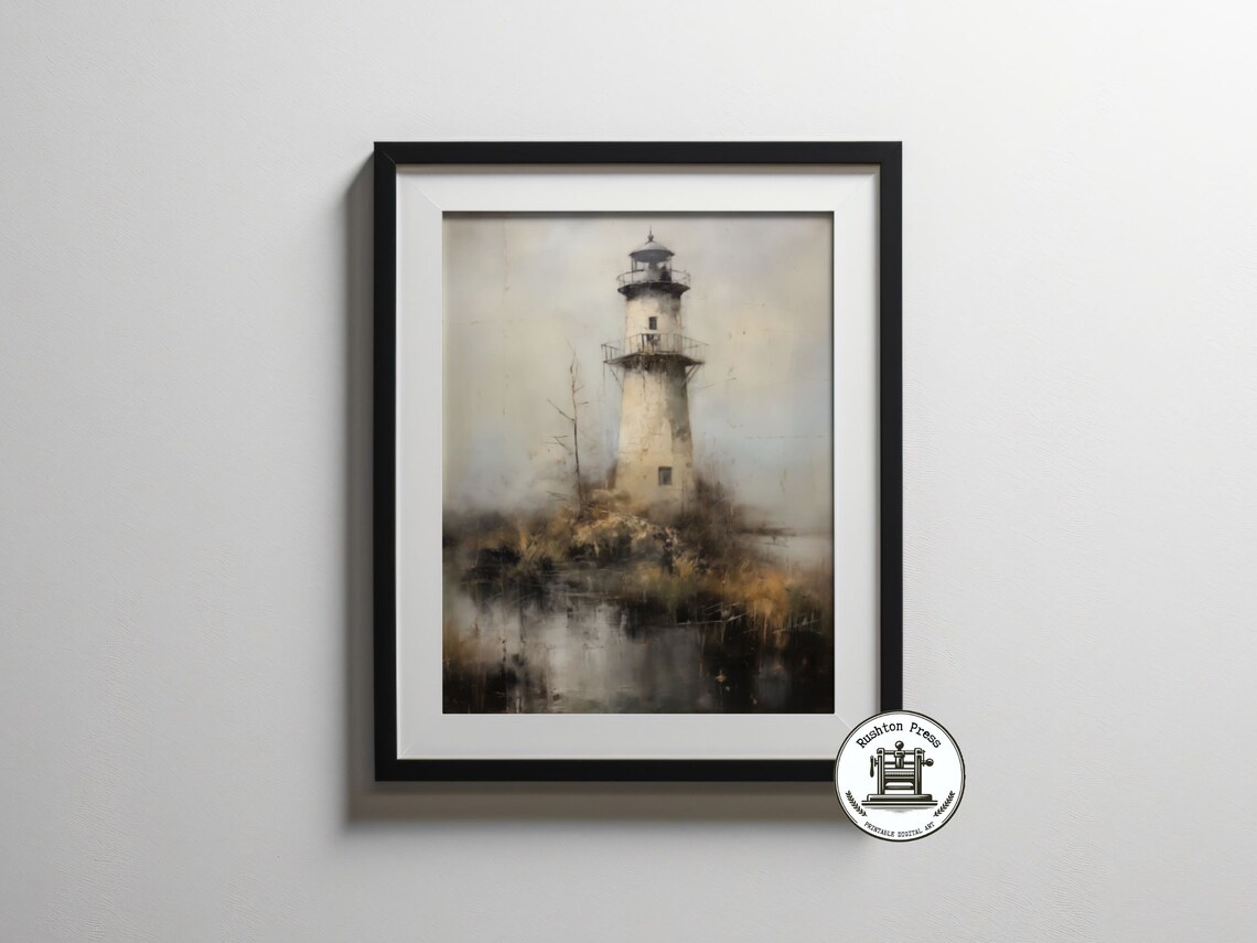 Vintage Misty Lighthouse Drawing, Ocean Beach Landscape Art Print