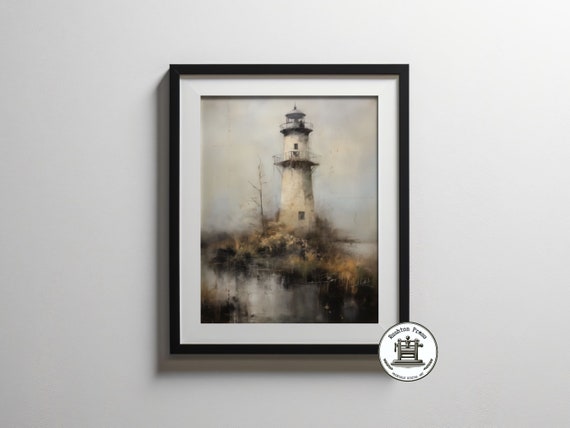 Vintage Misty Lighthouse Drawing, Ocean Beach Landscape Art Print
