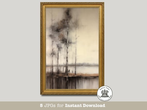 Vintage Lakeside Forest Landscape Art Print, Moody