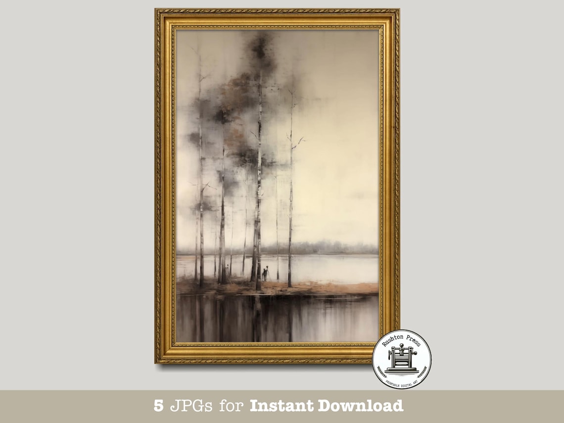 Vintage Lakeside Forest Landscape Art Print, Moody