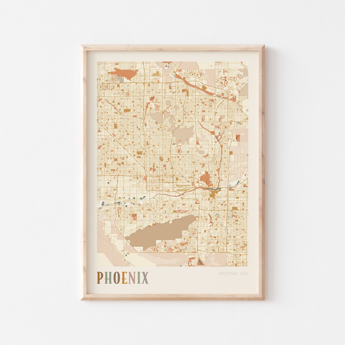 Phoenix Arizona Retro City Map Poster Desert Street Grid Artwork