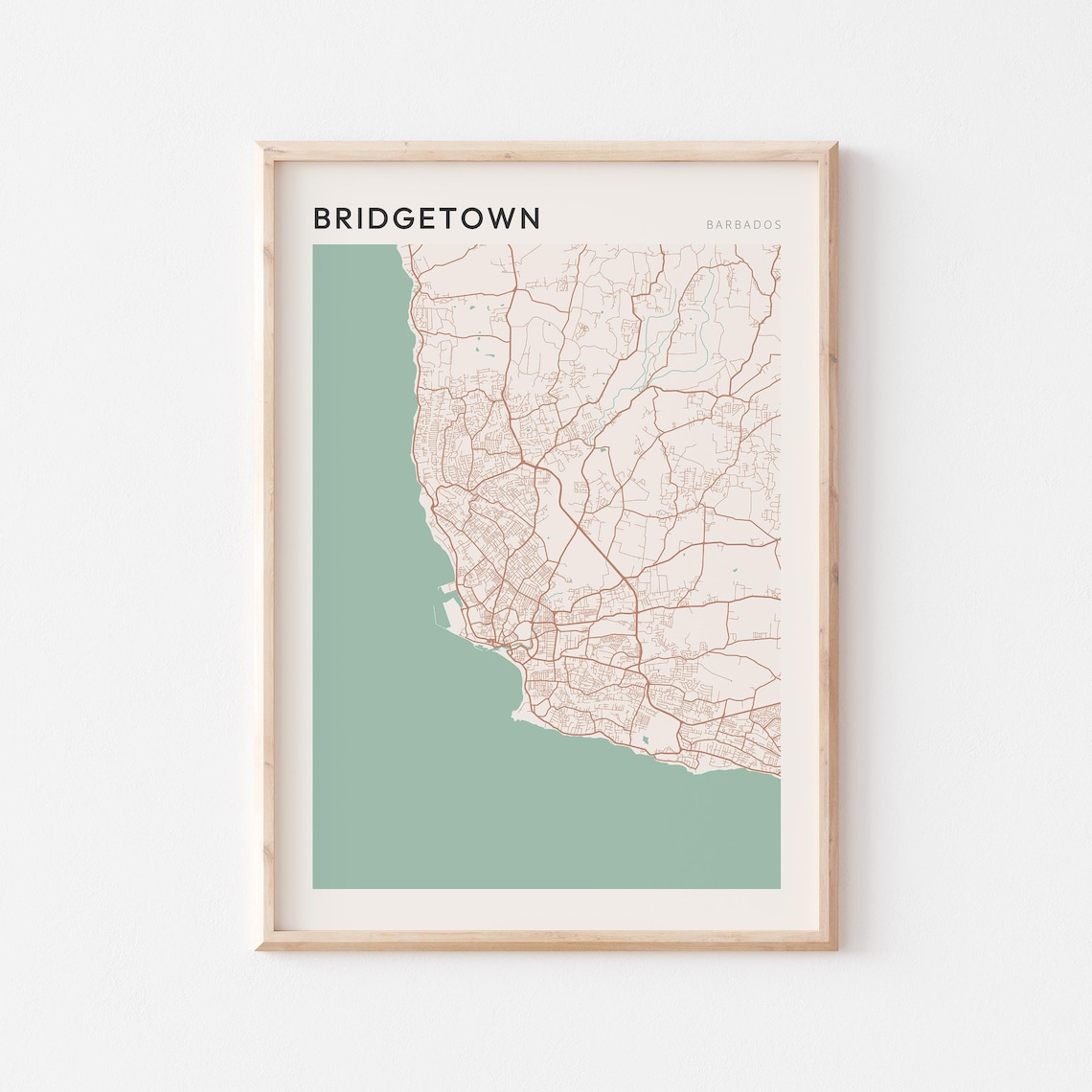 Bridgetown Barbados Minimalist City Map Poster with Sage Green Bay