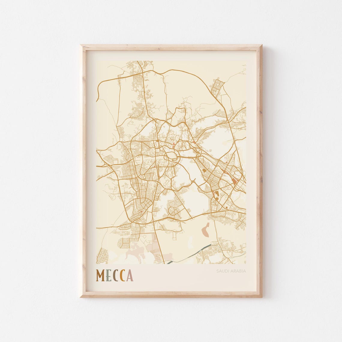 Mecca Saudi Arabia Boho Decorative Cream Street City Map Wall Art