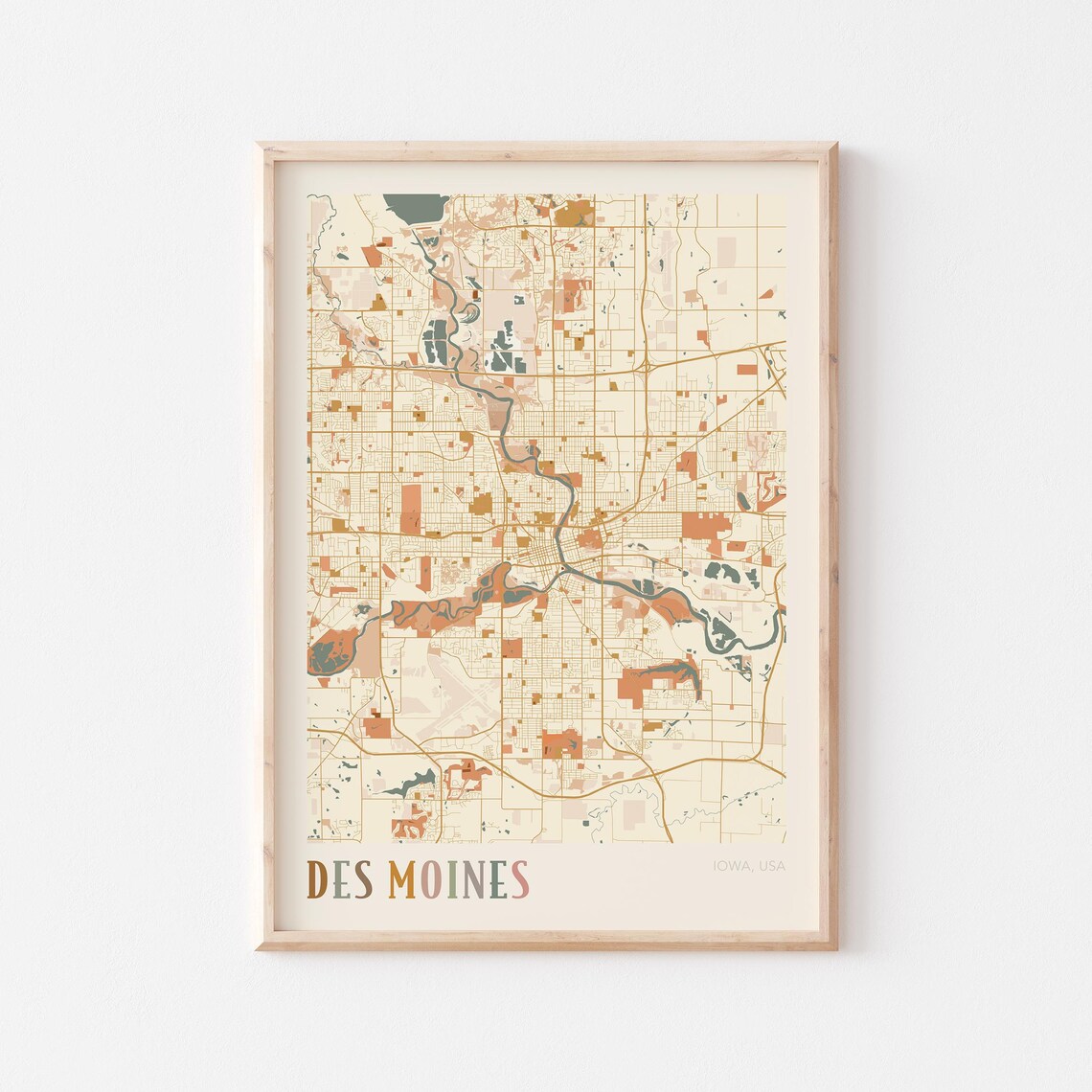 Des Moines Iowa City Map Poster Earth Tone Boho Minimalist Map Wall Decor Gift