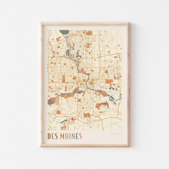 Des Moines Iowa City Map Poster Earth Tone Boho Minimalist Map Wall Decor Gift